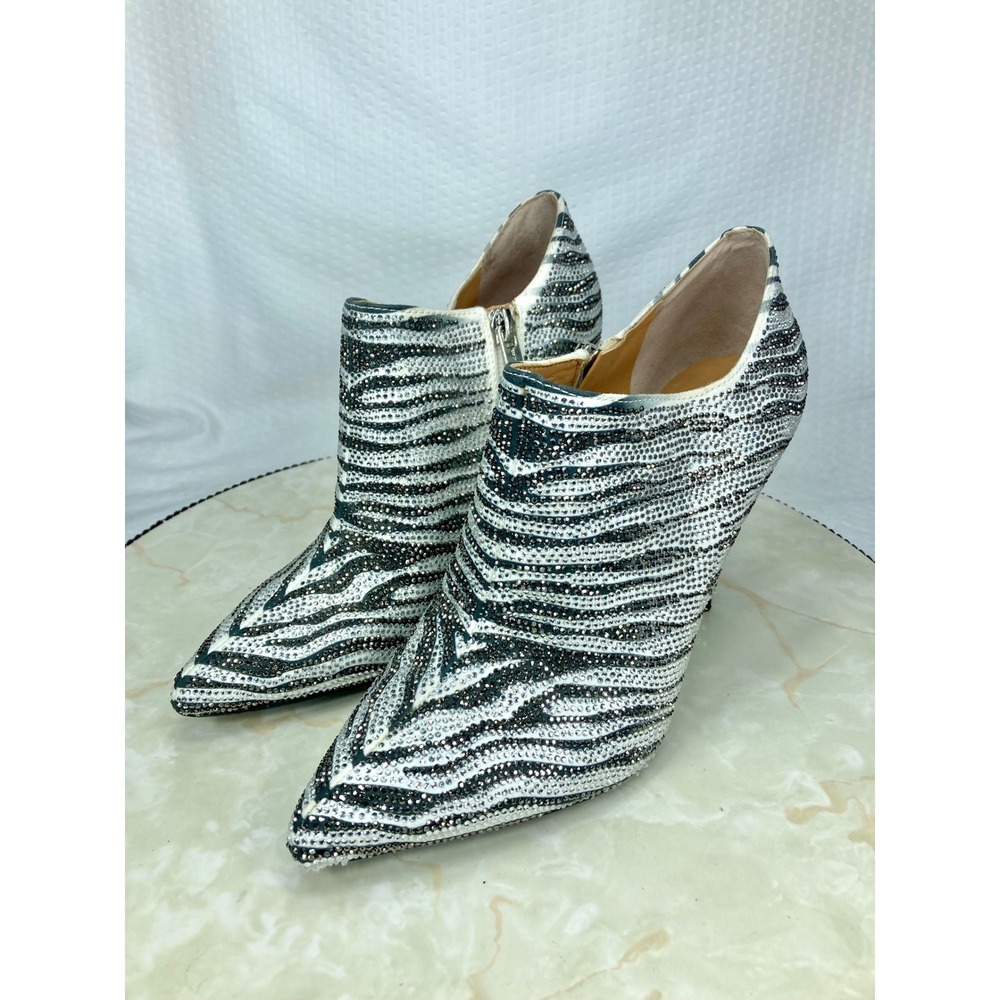 Jessica Simpson Rhinestone Ankle Booties Women 6 Silver Black Zebra Luela2 Shoes - Picture 5 of 14